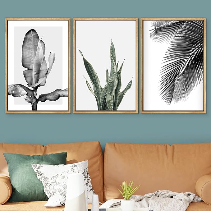 SIGNWIN Framed Canvas Print Wall Art Trio of Jungle Palms & Snake Succulents Floral Plants Photography Modern Art Minimalist Black and White for Living Room, Bedroom, Office - 16"x24"x3 Natural