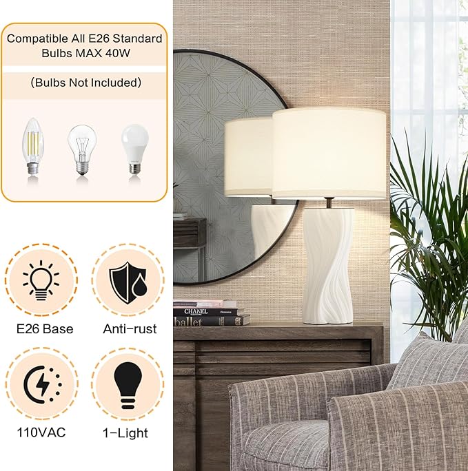 White Ceramic Table Lamps 21.5In, Modern Plug in Table Lamp Decor for Bedroom Bedside Nightstand Living Room Office Desk