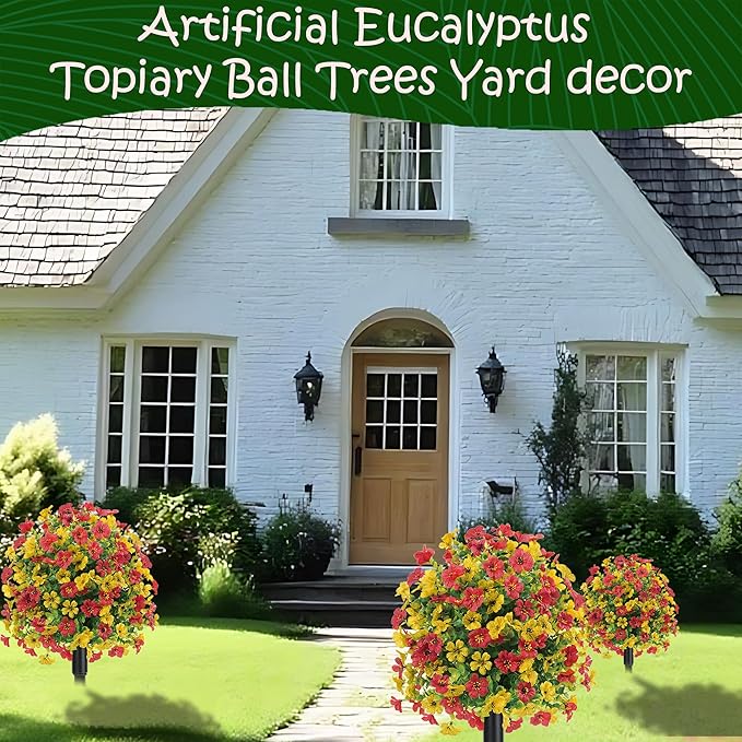 22.8" Set of 2 Fall Artificial Boxwood Topiary Ball with Spikes,UV Resistant Fake Outdoor shrubs with Violet Flowers, Realistic Faux Plants Bushes for Garden Front Porch Yard Patio Decor(Yellow+Red)