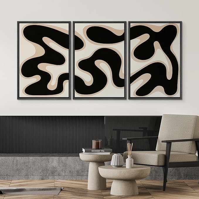 SIGNWIN Framed Canvas Print Wall Art Modern Abstract Organic Shapes Black and Beige Fluid Pattern Photography Modern Art Minimalist Black and White for Living Room, Bedroom, Office - 24"x36"x3 Black