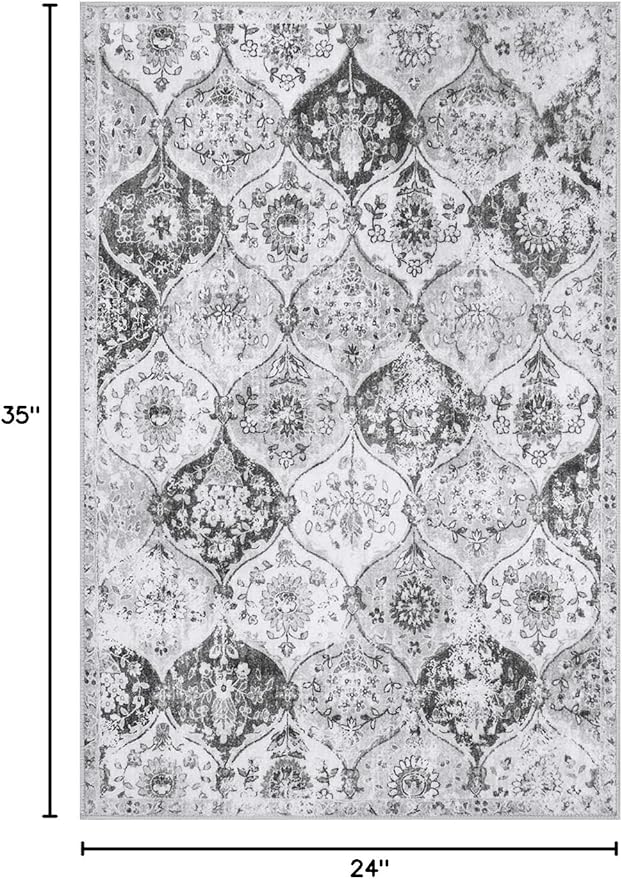 Lahome Moroccan Trellis Washable Rug, 2x3 Kitchen Rugs for Entryway Bathroom, Non-Slip Indoor Door Mat Ultra-Thin, Small Oriental Throw Carpet for Bedroom Entry, Silver/Grey