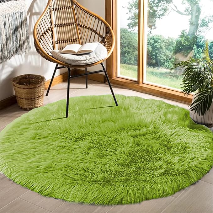 Goolela Circle Area Rugs for Bedroom Living Room Green 6ft Fluffy Shag Rug Washable Round Soft Bedside Rug Shaggy Fuzzy Cute Decor Rug for Girls Room Circular