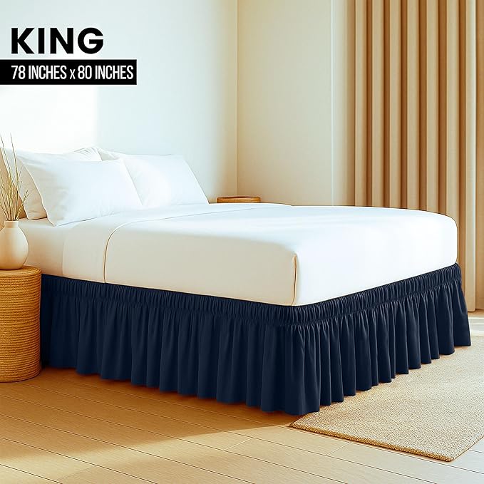 Utopia Bedding King Elastic Bed Ruffle - Easy Wrap Around Ruffle - Microfiber Bed Skirt with Adjustable Elastic Belt 16 Inch Tailored Drop - Hotel Quality Bedskirt, Fade Resistant (King, Navy)
