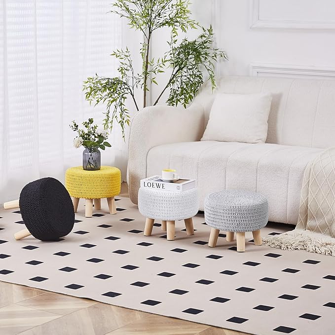 Wimarsbon Small Ottomans, 100% Hand Knitted Pouf Ottoman, Round Footrest with 4 Non-Skid Wood Legs, Boho Décor Cotton Rope Pouffe, Leisure Floor Step Chair for Living Room (Black)