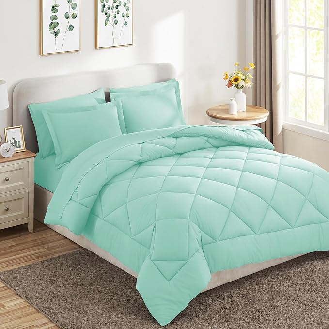 CozyLux Queen Comforter Set Mint Green - Bed in a Bag Queen Size 7 Pieces, Luxury Soft Bed Set for All Seasons, Bedding Set with Down Alternative Comforter, Sheets, Pillowcases & Shams