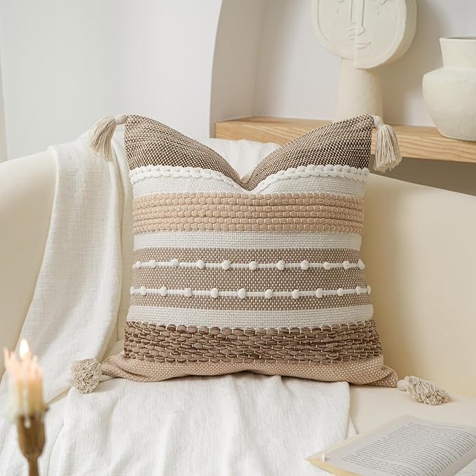 BlissBlush Brown Decorative Throw Pillow Cover 20x20 Square Boho Accent Pillowcase Tassels Farmhouse Cushion for Couch Sofa Bedroom Livingroom Home Décor Cover ONLY (Pack of 1)