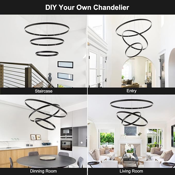 Modern Pendant Chandelier, 15.7"-31.4" Black, 3000K High Ceiling Foyer Entryway Light