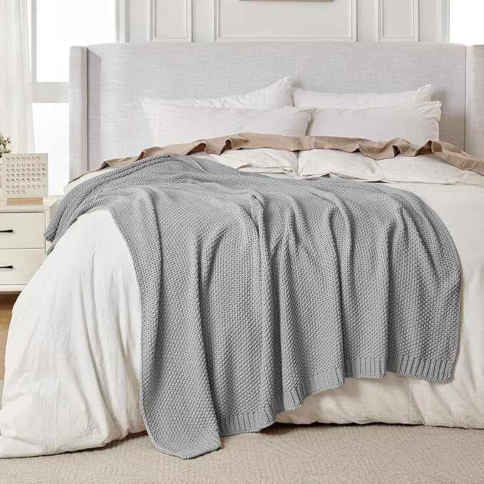 Joydeco Chunky Cable Knit Throw Blanket, Lightweight 100% Cotton Soft Cozy Throw Twin Blanket for Couch Bed and Sofa, Rustic Breathable Farmhouse Blanket Gift for Women Men(Grey, 60"x80")