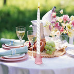 Candlestick Holders Set of 6, Ribbed Glass Taper Candle Holders, Reversible Pink Tealight & Candle Stick Candle Holder Vintage Crystal Tapered Candlestick for Wedding Dinner Party Festival