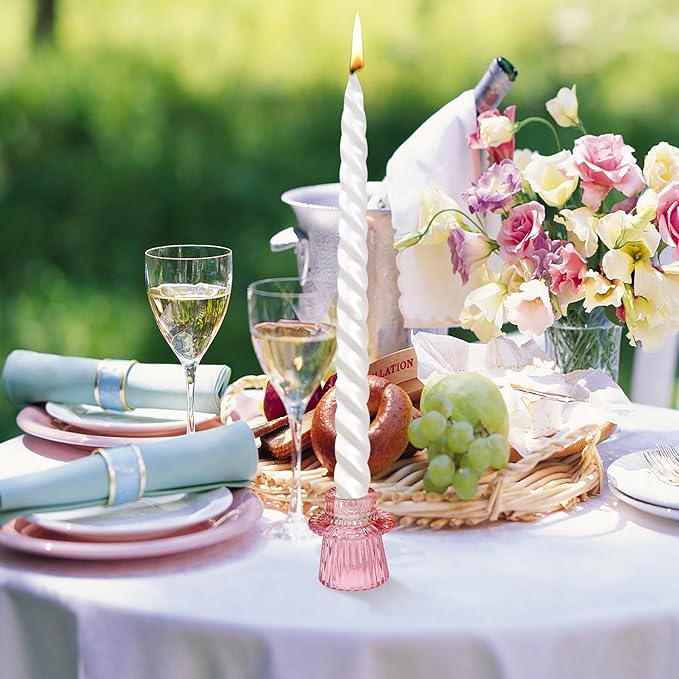 Candlestick Holders Set of 6, Ribbed Glass Taper Candle Holders, Reversible Pink Tealight & Candle Stick Candle Holder Vintage Crystal Tapered Candlestick for Wedding Dinner Party Festival