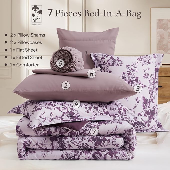 Full Comforter Set -7 Pieces Deep Purple Floral Comforter Set for All Seasons, Bed in a Bag Full with Botanical Flowers Comforter, Sheets, Pillowcases & Shams