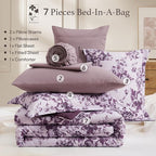 Queen Comforter Set -7 Pieces Deep Purple Floral Comforter Set for All Seasons, Bed in a Bag Queen with Botanical Flowers Comforter, Sheets, Pillowcases & Shams