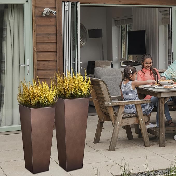 KOL 25'' & 28'' Tall Galvanized Steel Planter with Saucer, Metal Planter Pots for Indoor & Outdoor Use, Decorative Flower Plant Pots with Drainage Hole for Front Porch, Patio, Deck - Rust Color