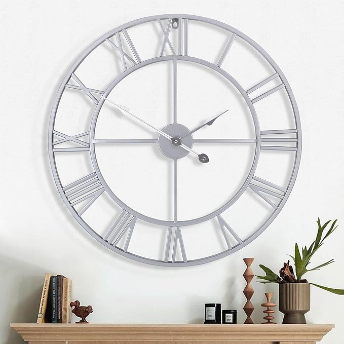 1st owned Large Wall Clock Silent Non-Ticking Roman Numerals Vintage Battery Operated (24 inch,18inch,16inch) Farmhouse Wall Clock for Living Room, Bedroom, Kitchen, Cafe Decor-Silver 40CM