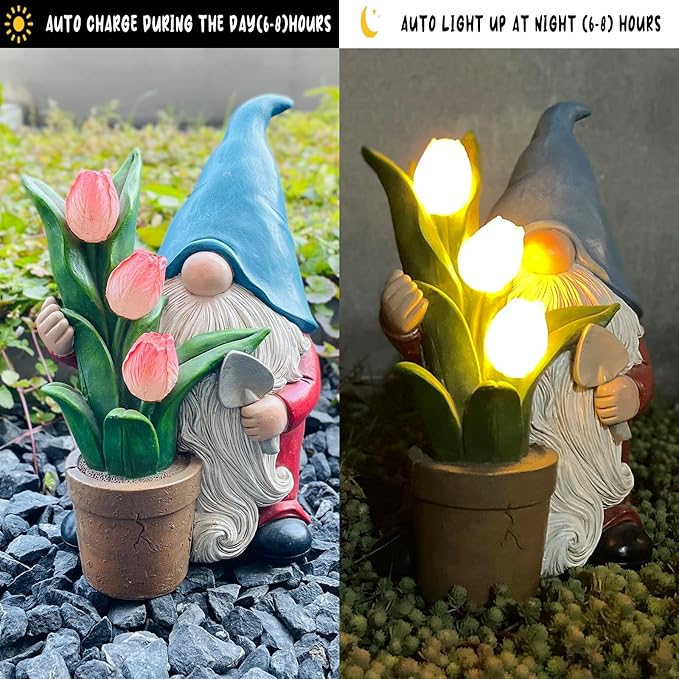 COWOS Garden Gnome Statue, Sculpture of a Dwarf Holding a Shovel and a Flower Pot, Solar Gnome Statues Outdoor Decor, Outside Lawn Patio Yard Ornament Gifts