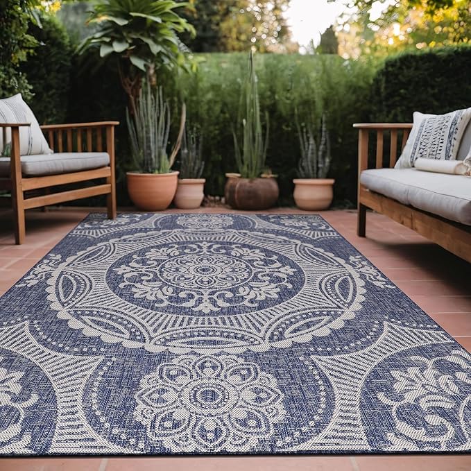 Medallion Outdoor Rug 6x9 Washable Outside Carpet for Indoor Patio Porch Waterproof Easy Cleaning Non Shedding Area Rugs Blue 6 x 9