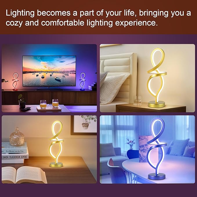 Mayful Modern RGB Table Lamp with LED Spiral Design, Gold Bedside Lamp & Nightstand Lamp, Touch Dimmable with 7 Colors & 10 Modes for Bedroom, Living Room, Home Office, 15W