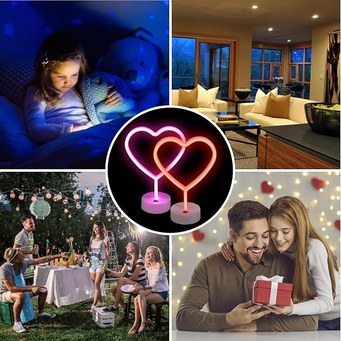 BRIGHTDECK 2 Pack Heart Neon Signs, LED Pink Lights Battery Operated or USB Powered Decoration Lamp, Neon Lights Heart Decor for Valentine's Day Gifts, Wedding, Party, Pink Room Decor