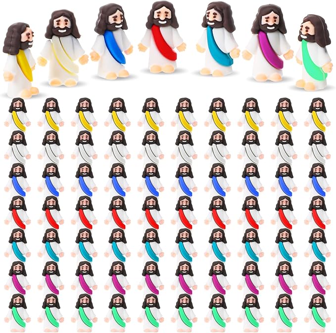 Bememo 100 Pcs Jesus Toys Original Design Mini Rubber Little Jesus Figurine to Hide and Seek Religious Party Favors Sunday School Craft Baptism Gifts for Easter Egg Stuffers(Multicolor)