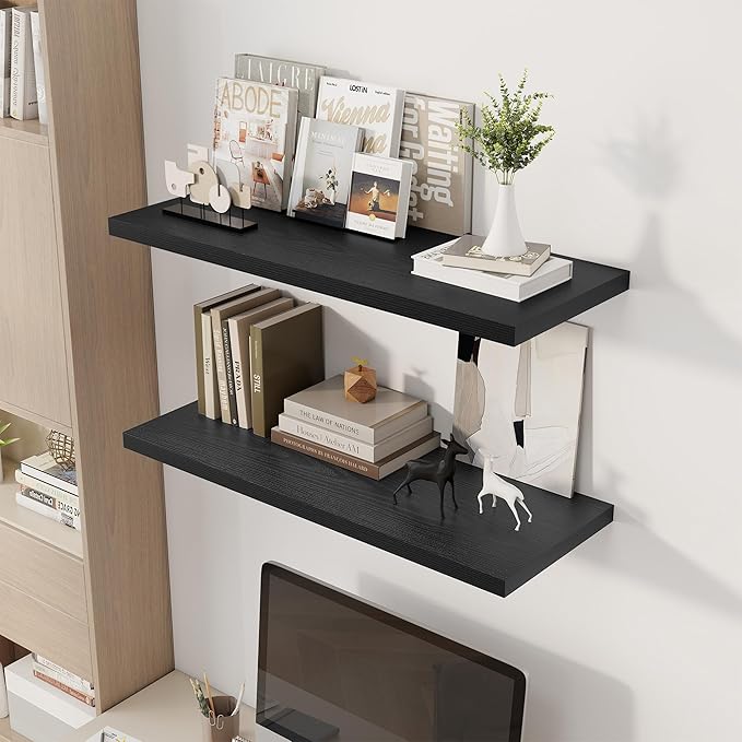 36" Floating Shelves for Wall, 12" Deep Slim Black Floating Shelves, Wall-Mounted Shelves for Bedroom, Living Room, Kitchen, Bathroom - Set of 2