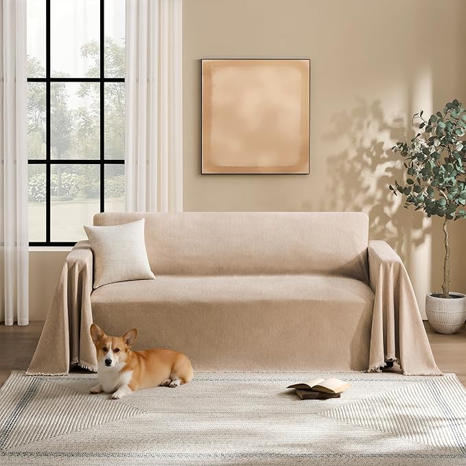 Couch Cover for Dogs Sectional Sofa Covers Washable for 2 Cushion Couch, Chenille Couch Cover Blanket, Sectional Sofa Slipcovers, Multi-Use Furniture Protector for Kids, Pets, 91" X118", Sand