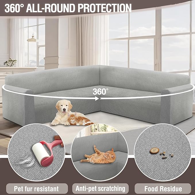 HDCAXKJ Sectional Couch Cover L Shape Stretch Sofa Covers Washable Jacquard Corner Couch Slipcover Non Slip Sectional Slip Cover U Shaped Furniture Protector for Pets Dogs (Silvery Grey, Medium)