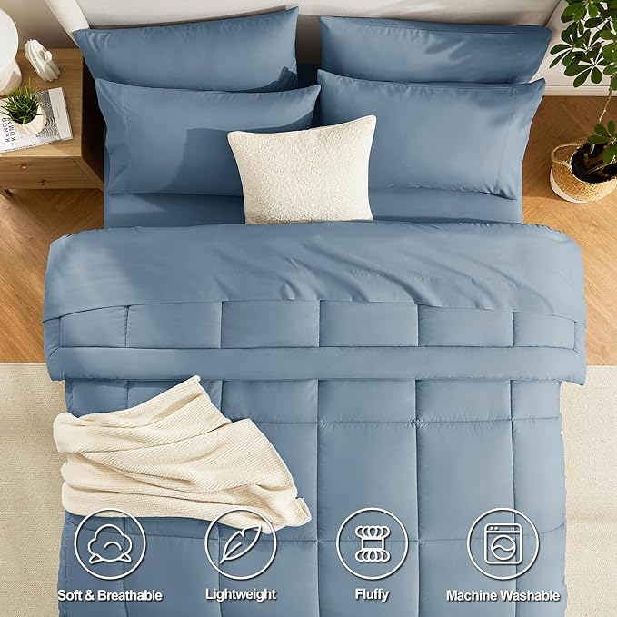 CozyLux Full Size Comforter Sets Mineral Blue, 7 Pieces Bed in a Bag, Blue Comforter Full Size, All Season Bedding Sets with Stitch Quilted Comforter, Flat Sheet, Fitted Sheet, Pillowcases