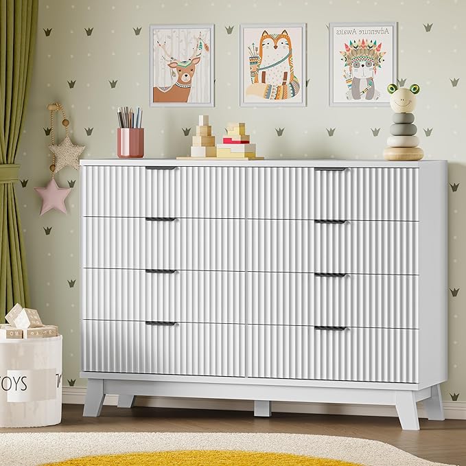 53" Tall Dresser for Bedroom, 8-Drawer Fluted Chest of Drawers, Modern Wood Highboy with Metal Slides and Handles, Anti-Tip Kit, Vertical Clothes Storage Organizer for Apartment, Closet