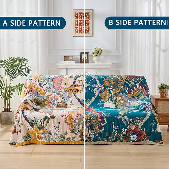 Ultra Soft Lightweight Cotton Quilts,Cozy Summer Boho Throw Blankets,Lightweight Reversible Muslin Blanket Decor Blankets for Armchair Travel, 80"x90" Large Muslin Mexican Throw Blanket