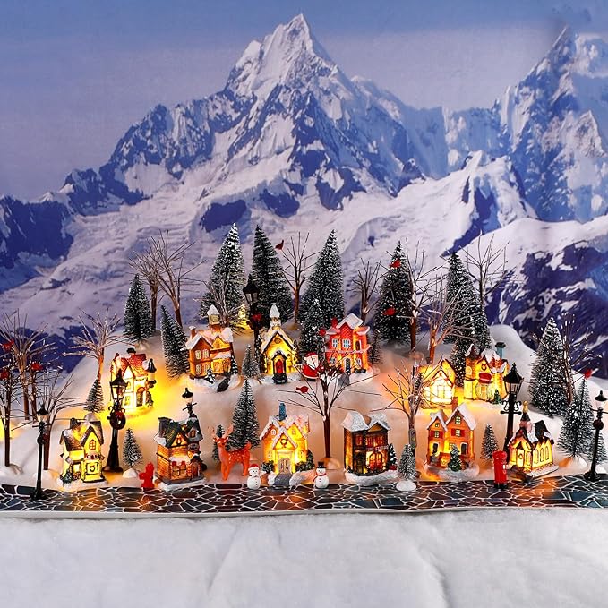 Kajaia 68 Pieces Christmas Winter Houses Village Set, Christmas Bare Branch Trees Snowman Winter Village Town Buildings Accessories Set for Christmas Figurine Village Miniature Home Desktop Decor