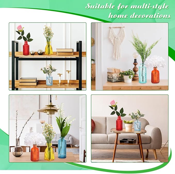 Yaomiao 30 Pcs Vases Bulk Colored Flower Glass Vases Bud Vintage Colored Glass Bottles Colorful Rustic Embossed for Home Wedding Table Decorations Gifts(Bright Color)