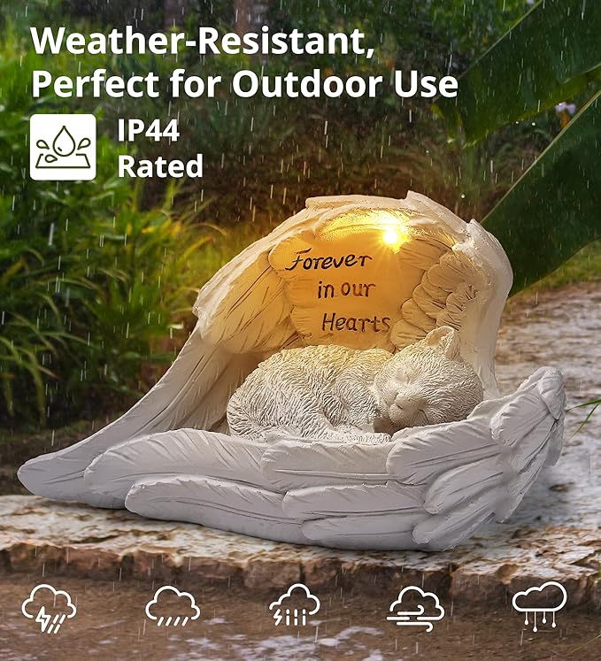 Pet Cat Solar Garden Memorial Statue – Outdoor Resin Angel Kitty with Solar Light, Guardian Angel Kitten Memorial Gift for Patio, Lawn, Yard, or Garden Decor