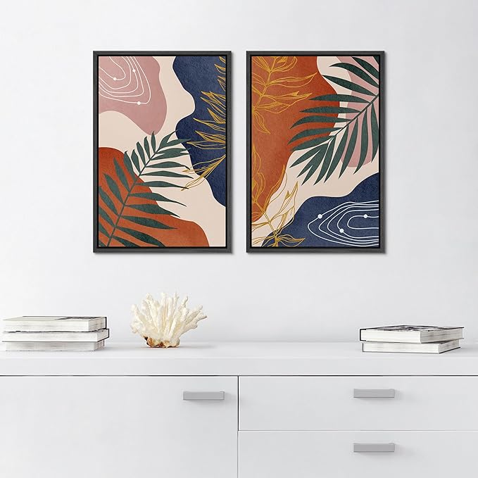 SIGNFORD Framed Canvas Print Wall Art Set Retro Mid-Century Geometric Forest Plants Abstract Shapes Illustrations Modern Art Decorative Bohemian for Living Room, Bedroom, Office - 16"x24"x2 Black