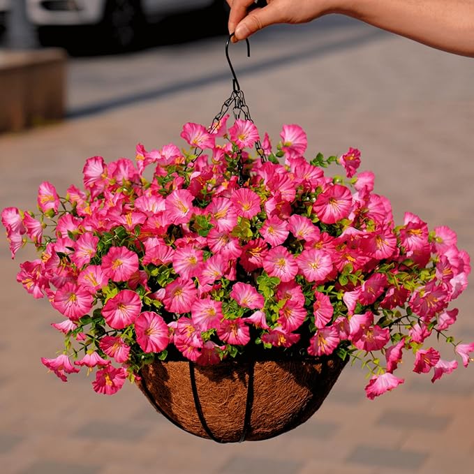 Artificial Flowers Fake Plants for Outdoor Indoor Decoration,16 Bundles UV Resistant Faux Plastic Flowers,Realistic Pink Morning Glory for Planter Porch Patio Home Table Wedding (Pink)