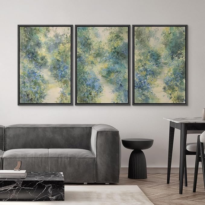 SIGNWIN Framed Canvas Print Wall Art Blue and Green Floral Impressionist Nature Scene Photography Modern Art Minimalist Black and White for Living Room, Bedroom, Office - 24"x36"x3 Black