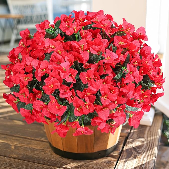 Ivydale Artificial Bougainvillea Flowers for Outdoors Decoration, 4 Bundles Fake Flower UV Resistant Realistic Silk Flowers for Outside, Faux Plants for Planter Patio Porch Home Decor (Red)