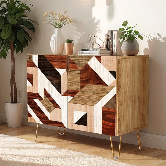 SIGNWIN Sideboard Buffet Cabinet, Kitchen Storage Cabinet with 2 Doors, Mid-Century 3D Polygon Collage Geometry, Cupboard Console Table for Dining Room - 35" L x 18" W x 29" H