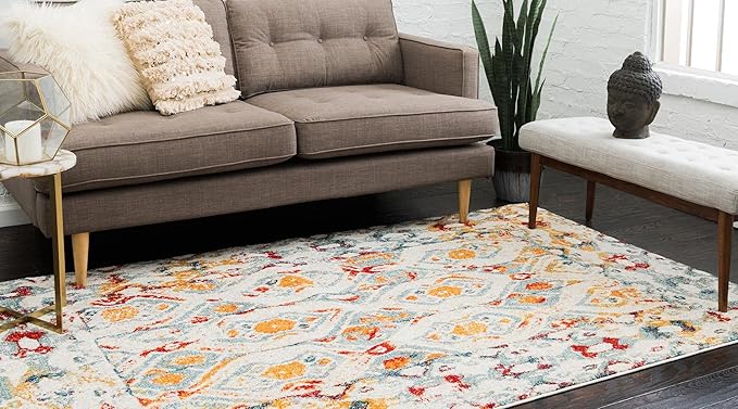 Unique Loom Rosso Collection Vintage, Geometric, Bohemian, Traditional, Distressed, Southwestern Area Rug, 5' 0" x 8' 0", Multi/Ivory