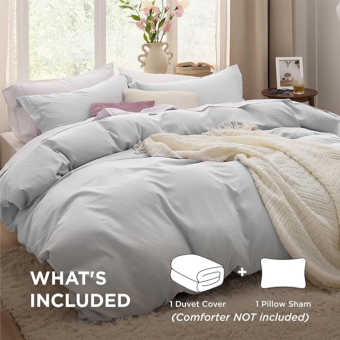 Bedsure Light Grey Duvet Cover Twin/Twin XL Size - 2 Pieces Prewashed Cotton-Like Extra Soft Bedding Set, Includes 1 Twin Duvet Cover 68x90 Inches with Zipper Closure & 1 Pillow Sham, No Comforter