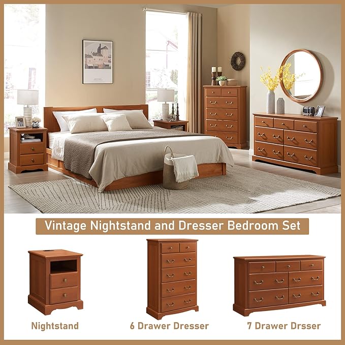 T4TREAM 7 Drawers Dresser Chests for Bedroom, Wood Vintage Chests of Drawers, Rustic Dressers Chset Organizer for Bedroom, Living Room, Hallway, Cherry