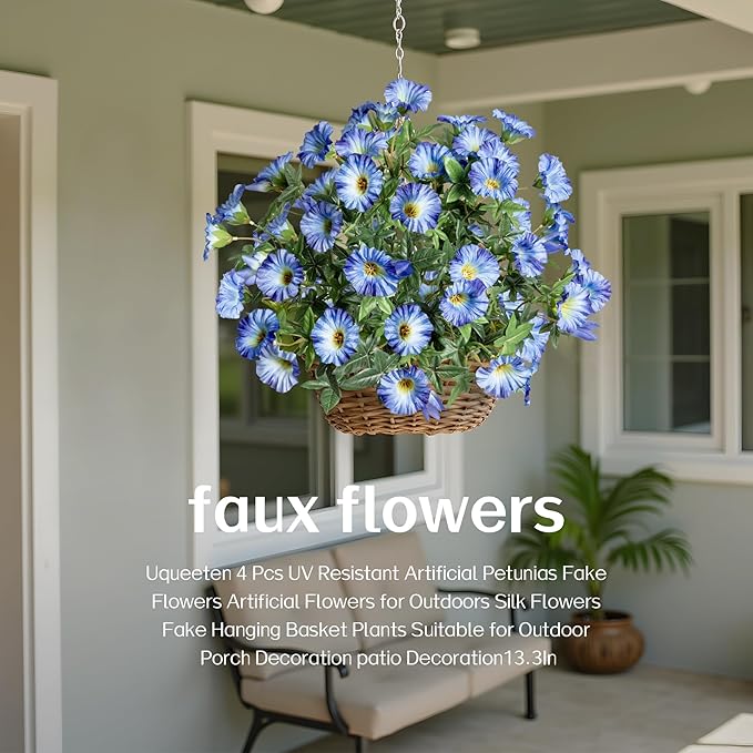 UV Resistant Artificial Petunias Fake Flowers Artificial Flowers for Outdoors Silk Flowers Fake Hanging Basket Plants Suitable for Outdoor Porch Decoration Patio Decoration,13.3In,Blue, 4PCS
