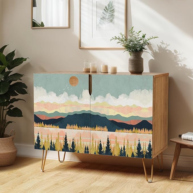 SIGNWIN Sideboard Buffet Cabinet, Kitchen Storage Cabinet with 2 Doors, Pastel Colorful Mountain Forest, Cupboard Console Table for Dining Room - 35" L x 18" W x 29" H
