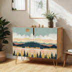 SIGNWIN Sideboard Buffet Cabinet, Kitchen Storage Cabinet with 2 Doors, Pastel Colorful Mountain Forest, Cupboard Console Table for Dining Room - 35" L x 18" W x 29" H