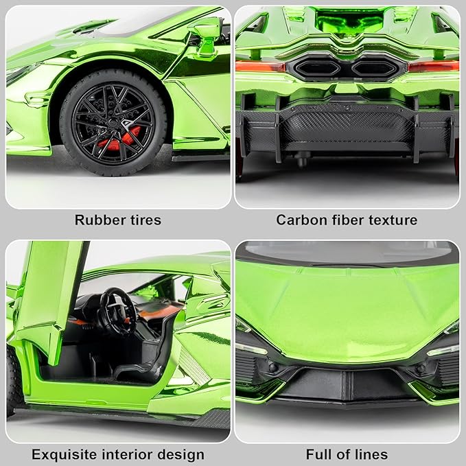 1/24 Scale Green Lambo Revuelto Diecast Car Model, Collectible Diecast Toy Car with Lights and Sounds, Pull Back Vehicles Toy for Adults Kids Birthday Gifts Decoration