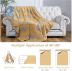 jinchan Boho 100% Cotton Muslin Twin Size 60x80 Inches Blanket Lightweight 4-Layer Quilted Soft Yellow and Blue Floral Throw Blanket Reversible Comfy Flower Breathable All Seasons Couch Bedroom Decor
