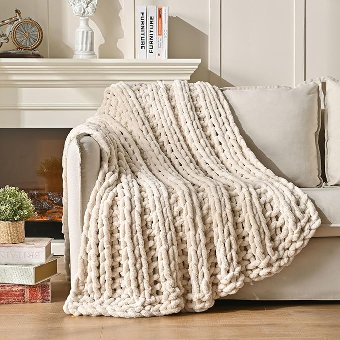 Esterra Chunky Knit Blanket Throw, 100% Handmade Chenille Throw Blanket 40"x50", Soft Thick Yarn Cable Knit Crochet Throw Blanket Rope Knot Throw for Couch Bed Sofa, Apricot White