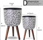 2 Set Plant Pot with Stand 10 & 12 inches, Mid-Century Large Planter with Legs for Indoor Plants, Boho Print Standing Plant Pot with Drainage Plug for Monstera, Herb, Succulent Flower Pot