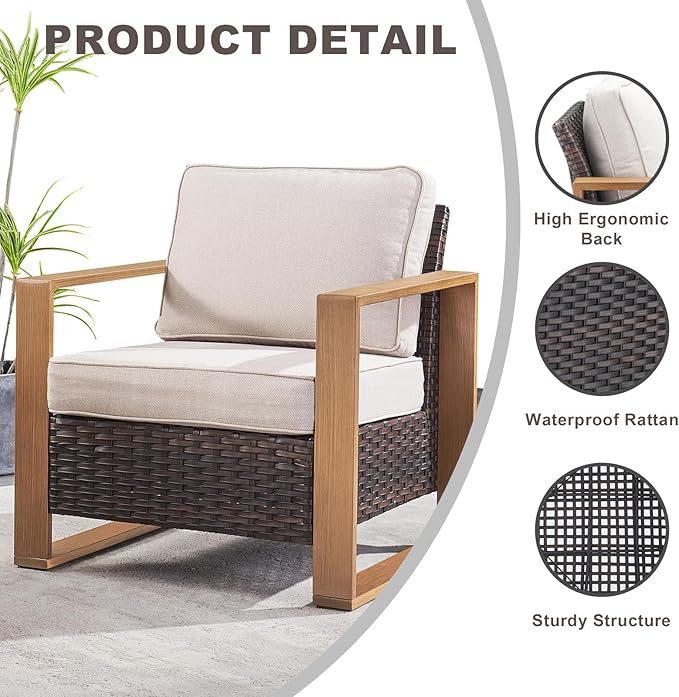 Wicker Outdoor Patio Chairs Set of 2, Rattan Patio Furniture Chairs with Sturdy Frame,All-Weather PE Wicker,Wide Armrest,Deep Seating and Thick Cushions for Deck Porch Garden(Brown/Beige)