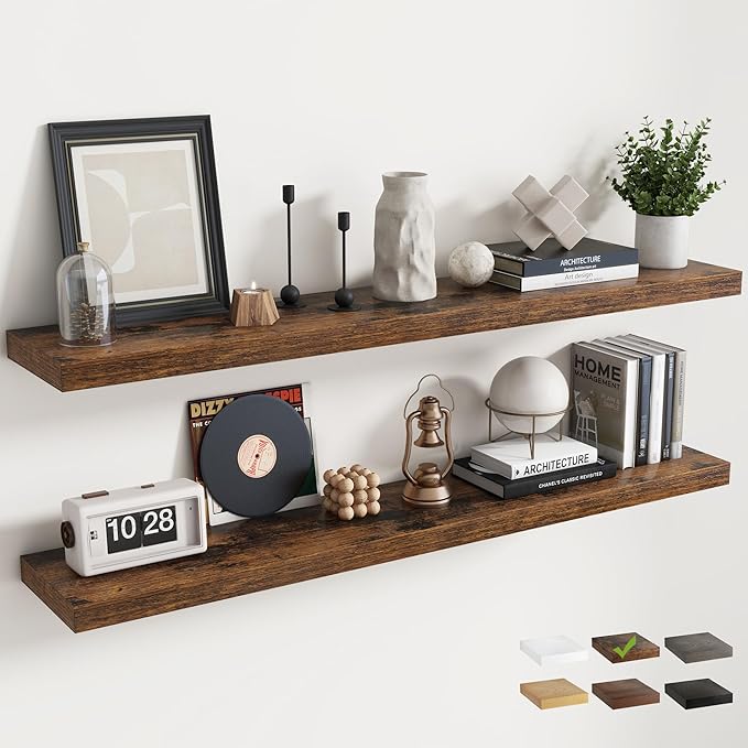 55 Inch Floating Shelves for Wall Set of 2, 8"D Wood Grain Bathroom Shelves with Invisible Brackets, Easy Install Engineered Wood Storage Shelves for Kitchen, Living Room, Bedroom, Rustic Brown Finish