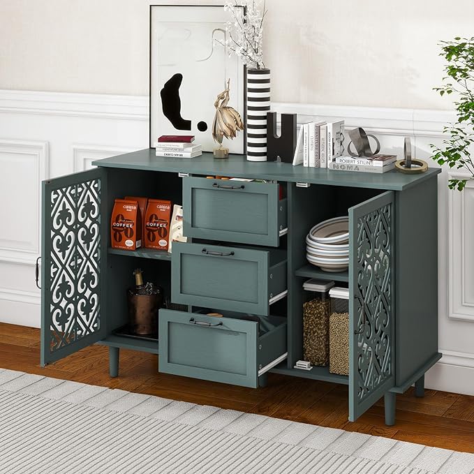 Sideboard Buffet Credenza - Modern 2 Door 3 Drawer Cabinet with Storage, Accent Cabinet with Carved Pattern, Farmhouse Wood for Living and Dining Area (Green)